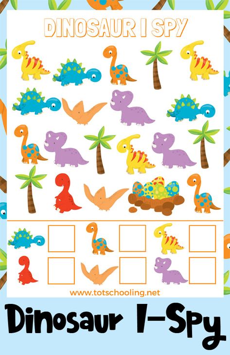 FREE Dinosaur themed I Spy game for toddlers and preschoolers to count and recognize numbers. Little dinosaur lovers will love searching for dinosaurs in this activity! Dinosaur Worksheets, Dinosaur Lesson, Dinosaur Theme Preschool, Dinosaur Activities Preschool, Game For Toddlers, Dinosaurs Preschool, Dinosaur Printables, I Spy Games, Dinosaur Activities