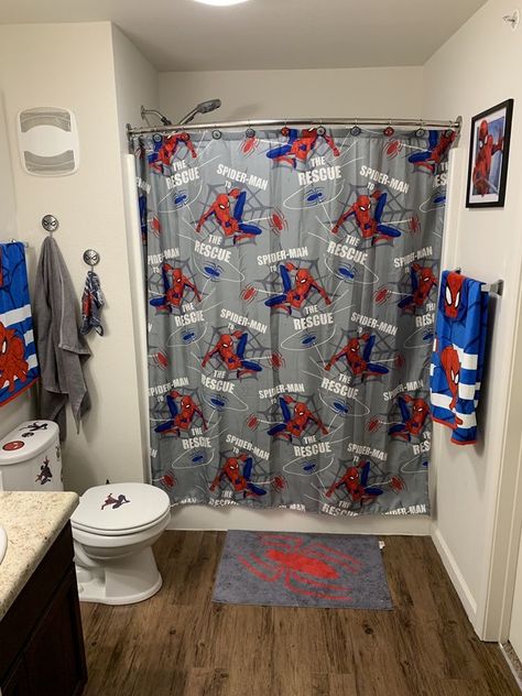 Spiderman Bathroom Decor, Spider Man Bathroom Ideas, Spiderman Bathroom Ideas, Spiderman House Decor, Spider Man Bathroom, Spiderman Room Ideas Theme Bedrooms, Spiderman Themed Room, Room Ideas Spiderman, Spider Man Bedroom Ideas Little Boys