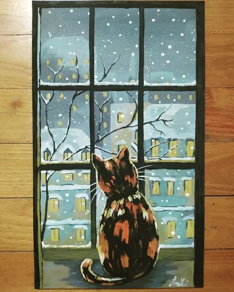 Watercolour Cats, Winter Drawings, Night Illustration, Winter Cat, Cat Window, Silhouette Painting, Pets Drawing, Lots Of Cats, Watercolor Cat