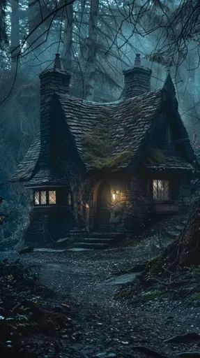 ↑↑↑ Larger size on website 🔸 A small, stone cottage with a thatched roof sits nestled in a dark, misty forest. The windows glow w 🔸 From Midjourney AI Image Mystical Cottage In The Forest, Dark Cottage In The Woods, Creepy Cottage, Dark Cottagecore Home, Small Stone Cottage, Cottage In The Forest, Witches Cottage, Enchanted Cottage, Forest Cottage