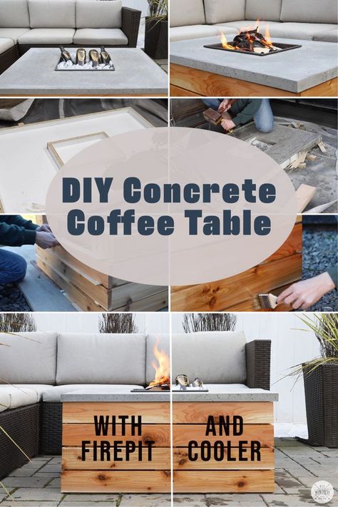 Diy Outdoor Coffee Table Easy, Outdoor Coffee Table Ideas, Diy Concrete Coffee Table, Outdoor Entertainment Center, Outdoor Concrete Table, Diy Concrete Table, Diy Outdoor Coffee Table, Diy Huntress, Concrete Creations