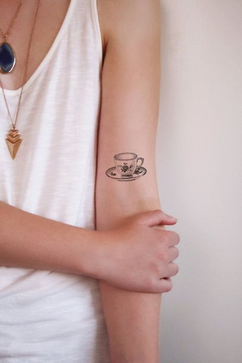 Unique Quote Tattoos, Teapot Tattoo, Dotwork Tattoo Mandala, Girly Tattoo, Tea Tattoo, Teacup Tattoo, Cup Tattoo, Tattoo Pictures, Coffee Tattoos