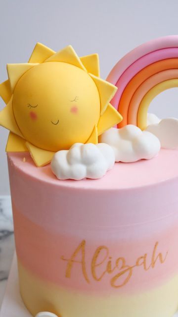 Fondant Clouds, 1st Birthday Cake Girl, First Year Around The Sun, 1 Year Birthday Party Ideas, Birthday Cake Girl, Sun Cake, Sun Theme, Sunshine Cake, May Flower