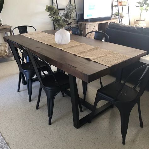 Dining Table With Metal Chairs, Table With Metal Chairs, Dark Modern Farmhouse, Modern Rustic Dining Table, Dark Wood Dining Table, Black Metal Chairs, Dining Table Placemats, Man Projects, Industrial Dining