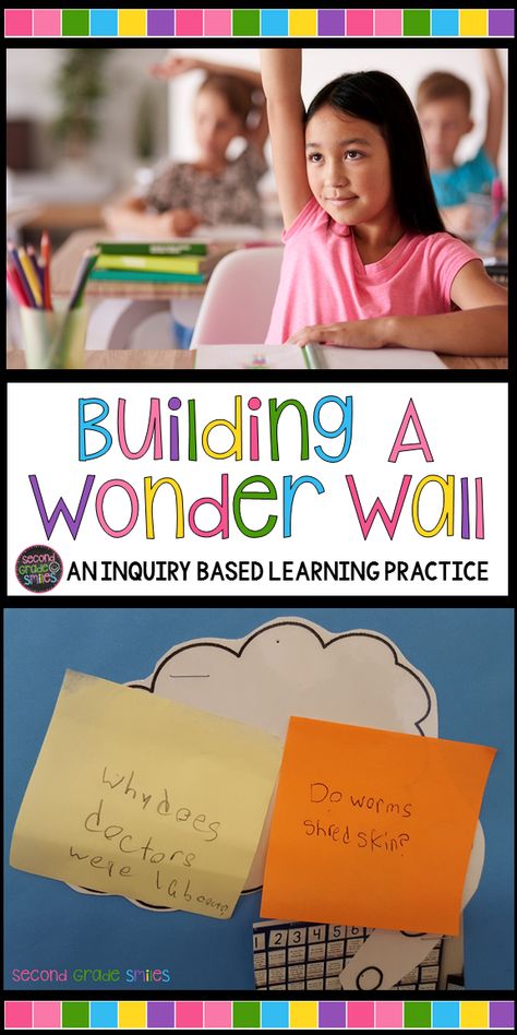 A wonder wall is an inquiry based learning activity that encourages curiosity in the classroom. When a student has a question in my second grade classroom, I hand him or her a sticky note to stick up on the thought bubble on the wall, research it, and report back to the class. Learn how to set up your own wonder wall and grab free inquiry journal labels in this post! Inquiry Based Learning Activities, Project Based Learning Elementary, Second Grade Classroom, Wonder Wall, Inquiry Learning, Guided Reading Lessons, Teaching Second Grade, Teaching Third Grade, Thought Bubble