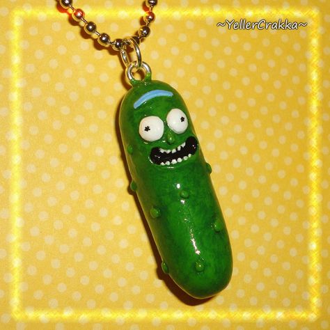 This is a little Pickle Rick Necklace, based on the character from Rick and Morty that I've handmade.  This little guy is also for sale in my online shop here: The charm is completely handmade... Rick And Morty Merchandise, Practical Ceramics, Rick And Morty Merch, Pickle Rick, Rick Y Morty, Fantasy Gifts, Clay Diy Projects, Tanah Liat, Food Earrings