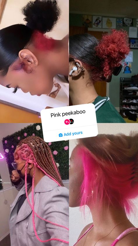 Black girl hair dye ideas pink hair dye blond hair dye with pink Pink Hair Color On Black Women, Brown And Pink Hair Peekaboo, Perk A Boo Hair Color, Hair Dye Combos, Peekaboo Dye, Blonde Peekaboo Hair, Peekaboo Hair Dye, Peek A Boo Hair Color Ideas, Dye Hairstyles