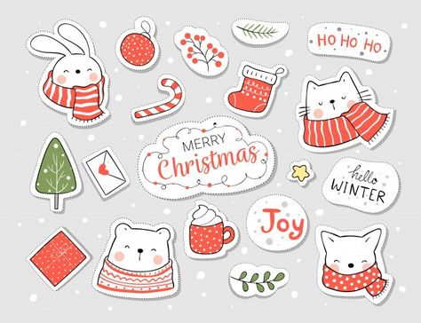 Draw stickers animal and element for chr... | Premium Vector #Freepik #vector #flower #christmas #tree #new-year Cat Sticker Set, Vector Illustration Character, Draw Vector, Xmas Sticker, Kitten Stickers, Banner Drawing, Cute Cat Face, Cute Cat Illustration, Christmas Kitten