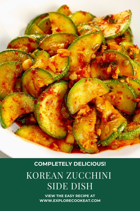 You won't believe how delicious this Korean Zucchini Side Dish is!  Spicy and yummy awesome banchan to accompany your next Korean meal!  #banchan #zucchini #koreansidedish #koreanzucchini Korean Squash Side Dish, Asian Zucchini Salad, Zucchini Kimchi Recipe, Korean Zucchini Recipes, Korean Squash Recipes, Korean Zucchini Side Dishes, Gochujang Zucchini, Kimchi Zucchini, Zucchini Banchan