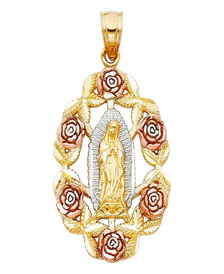 14k Yellow White Rose Gold Virgin Mary Flower Diamond Cut Pendant Charm Portrait by RG&D Gold Pendant Jewelry, Our Lady Of Guadalupe, Lady Of Guadalupe, Rose Pendant, Small Charms, White Rose Gold, Our Lady, Gold Material, Tri Color