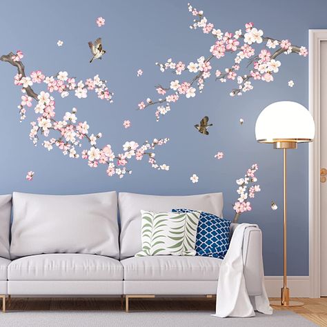 Cherry Blossom Wall Stickers, Bedroom Cherry Blossom, Cherry Blossom Themed Room, Cherry Blossom Wall Decor, Cherry Blossom Nursery Theme, Anime Mural Wall Art, Cherry Blossom Bedroom Ideas, Cherry Blossom Room, Cherry Blossom Mural