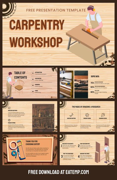 Carpentry Workshop 13 Carpentry Workshop, Ppt Slides, Google Slides Theme, Ppt Presentation, Template Google, Google Slides Themes, Slides Template, Presentation Template Free, Presentation Template