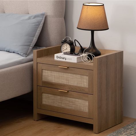 SICOTAS Rattan Nightstand End Table with Type-C Charging Station & 2 Rattan-Like Decor Drawers, Boho Night Stands Bedside Table with Storage - Natural Boho Night Stand, Rattan Nightstands, Dining Room Buffet Cabinet, Boho Bedside Table, Night Stands Bedroom, Boho Nightstand, Rattan Drawers, Wide Desk, Rattan Nightstand