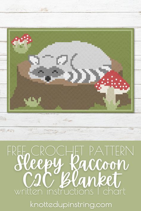 Snuggle up to woodland charm with our free C2C crochet pattern! This cozy blanket features an adorable raccoon snoozing on a tree stump, adding a touch of woodland to any nursery. With written instructions and a chart, crafting this cuddly masterpiece is a breeze. Click to create your own woodland wonder! Animal Crochet Blanket, Free C2c Crochet Pattern, Woodland Crochet, Raccoon Crochet, Harley Baby, C2c Patterns, Crochet Decorations, Crochet Woodland, Crochet C2c Pattern