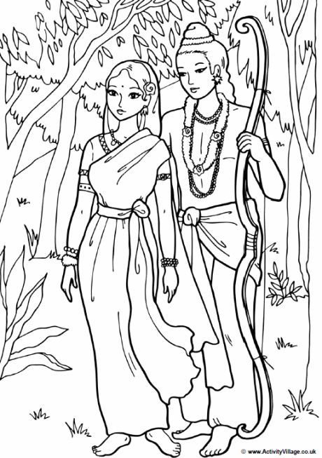 Rama and Sita colouring page; Rama and Sita wandering in the woods Sita Drawing, Rama And Sita, Diwali Story, Diwali Lantern, Diwali Drawing, Rama Sita, Ram Sita, Story Drawing, Indian God