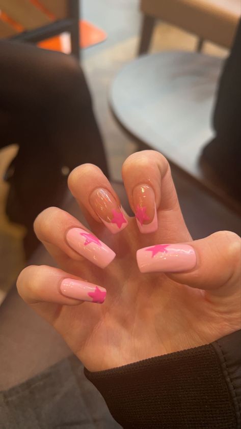 Pink Star Nails Acrylic, Star French Tip Nails, Pink Star Nails, Concert Nails, Pink French Nails, Blue And White Nails, Teen Nails, Basic Nails, French Tip Acrylic Nails