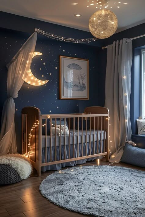 29 Nursery Room Ideas for a Girl to Create a Sweet and Stylish Space Coolest Nursery Ideas, Purple Moon And Stars Nursery, Corner Room Nursery Ideas, Moon And Back Nursery Theme, Cute Nursery Room, Star And Moon Themed Nursery, Midnight Blue Nursery, Night Time Nursery Theme, Navy Baby Girl Nursery