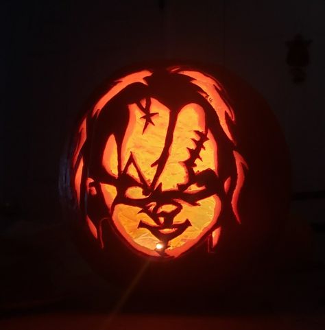 Pumpkin Carving Ideas Chucky, Pumpkin Carving Chucky, Chucky Pumpkin Carving, Chucky Pumpkin, Cute Pumpkin Carving, Pumpkin Carving Ideas, Halloween Pumpkin Designs, Pumpkin Designs, Halloween Pumpkins Carvings