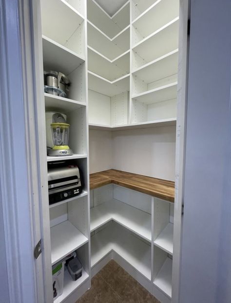 Utility Closet To Pantry, Corner Shelves Pantry, Small Corner Pantry Makeover, 6x6 Pantry, 4x4 Pantry Layout, Pantry Upgrade, Corner Pantry Design, Long Narrow Pantry, Corner Pantry Ideas