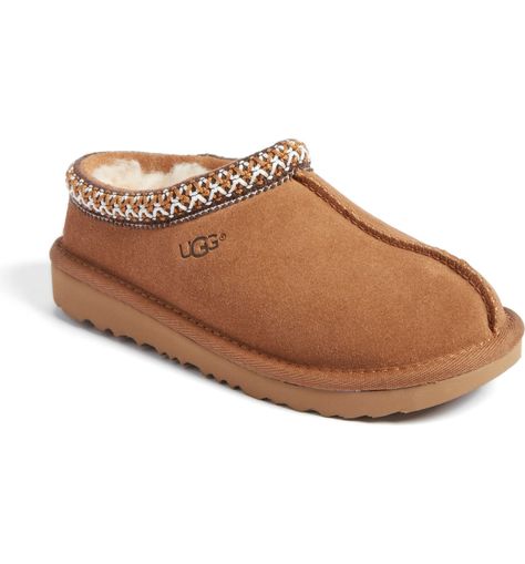 UGG® K-Tasman II Embroidered Slipper (Toddler, Little Kid & Big Kid) | Nordstrom Girl Uggs, Embroidered Slippers, Chestnut Uggs, Ugg Kids, Fall Winter Shoes, Ugg Tasman Slippers, Ugg Tasman, Geometric Embroidery, Youth Shoes