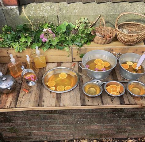 Mud Kitchen Ideas Preschool, Reggio Mud Kitchen, Curiosity Approach Mud Kitchen, Curiousity Approach, Growing Eyfs, Preschool Provocations, Preschool Invitations, Playground Inspiration, Forest Play