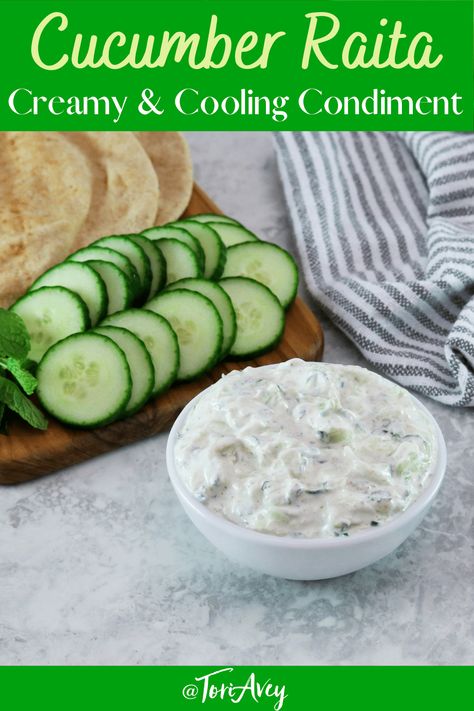 Cucumber Indian Recipes, Indian Food Recipes Cucumber, Indian Food Sides Dishes, Indian Raita Yogurt Sauce, Indian Food Appetizers Easy Recipes, Indian Yoghurt Sauce, Indian Sauces Yogurt, Cucumber Recipes Indian, Indian Cucumber Raita