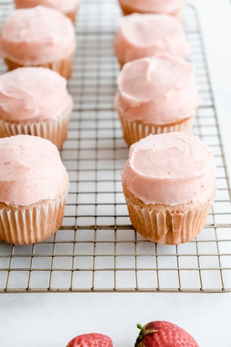 Strawberry Cupcakes — Petite Southern Kitchen Frozen Fruit Recipes, Southern Kitchen, Southern Kitchens, Strawberry Cupcakes, Strawberry Puree, Strawberry Milk, Frozen Fruit, Party Foods, Frozen Strawberries