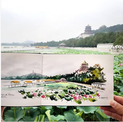 Walking In The Morning, The Summer Palace, Rainy Sky, Travel Art Journal, China Beijing, Travel Sketchbook, Summer Palace, Meaningful Art, Travel Sketches