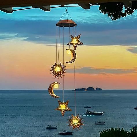 Solar Wind Chimes for Outdoor Lights Sun Moon Star Christmas Decorations Hanging Decor Outdoor Memorial Sympathy Wind Chimes for Garden Patio Balcony Birthday Womens Gifts Hanging Decor Outdoor, Outside Birthday, Sympathy Wind Chimes, Solar Wind Chimes, Womens Gifts, Rooftop Design, Patio Balcony, Unique Mothers Day Gifts, Sun Moon Stars