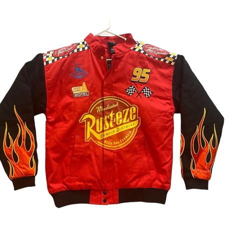 Get Ready To Race With This Disney Pixar Cars Lightning Mcqueen Racing Jacket! Made With High-Quality Cotton Material, This Varsity-Style Jacket Features A Multicolor Exterior That Showcases Your Love For The Cars Theme. The Jacket Is Designed For Unisex Adults, With A Size Of S That Fits Most. Perfect For Any Fan Of The Cars Franchise, This Lightning Mcqueen Racing Jacket Is Ideal For Racing Enthusiasts And Collectors Alike. Whether You're Hitting The Track Or Just Hanging Out With Friends, Thi Cars Disney Costume, Lightning Mcqueen Inspired Outfit, Lightning Mcqueen Racing, Lightning Mcqueen Costume, Cars Lightning Mcqueen, Ready To Race, Disney Jacket, Couples Halloween Outfits, Varsity Style