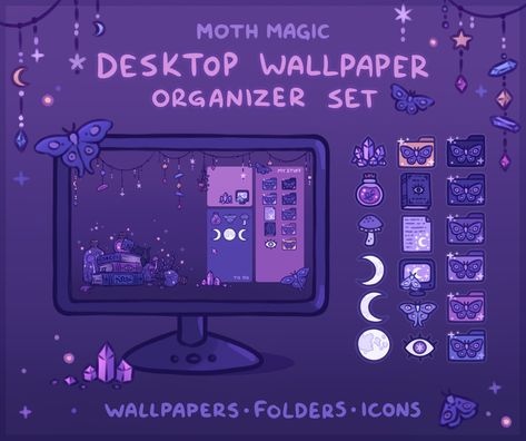 ʚɞ ☾･ﾟ｡｡･ﾟ.*✧･ﾟ ʚɞ A magical moth themed desktop set for anyone who might like some cute witchcraft on their desktop. Customize your icons, folders, shortcuts, and mouse cursor with matching theme and clean up your desktop with the organizer wallpaper. This set includes: 1 Organizer wallpaper in 5 different sizes 1 Desktop wallpaper in 5 different sizes 7 Colored folder icons 11 Other icons 2 Mouse cursors 2 Sizes of phone wallpapers Also includes a PDF with links to help/instructions After purc #icons #icondesign #customicons #businessicons #socialmediaicons #facebookicon #instagramicon #twittericon Laptop Wallpaper Desktop Wallpapers Purple, Background Images For Computer, Desktop Folder Icons Free, Wallpaper Pc Organizer, Free Desktop Wallpaper Organizer, Computer Wallpaper Organizer, Desktop Icons Png, Macbook Desktop Ideas, Desktop Icons Aesthetic