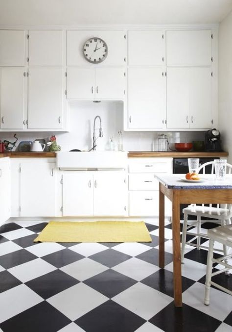 Price Estimates: Black & White Checkerboard Tiles for Every Budget | Apartment Therapy Checkered Floor Kitchen, Black And White Checkered Floor, White Kitchen Floor, White Tile Kitchen Floor, Checkered Floor, Black White Kitchen, White Kitchen Tiles, Butcher Blocks, White Tile Floor