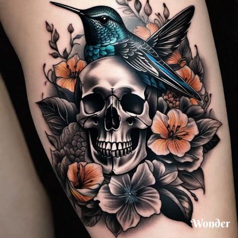 Skull Hummingbird Tattoo, Quote Tattoos, Sleeve Ideas, Hummingbird Tattoo, Tattoo Design Book, Thigh Tattoos Women, Sleeves Ideas, Enjoying Life, Flower Skull