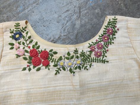 Flower embroidery on kurti's neck #beautiful embroidery🌸 🌿 Round Neck Embroidery Designs, Bavariya Work, Kurta Embroidery, Hand Embroidery Patterns Free, Hand Embroidery Dress, Embroidery On Kurtis, Kurti Neck, Kurti Design, Dress Neck Designs