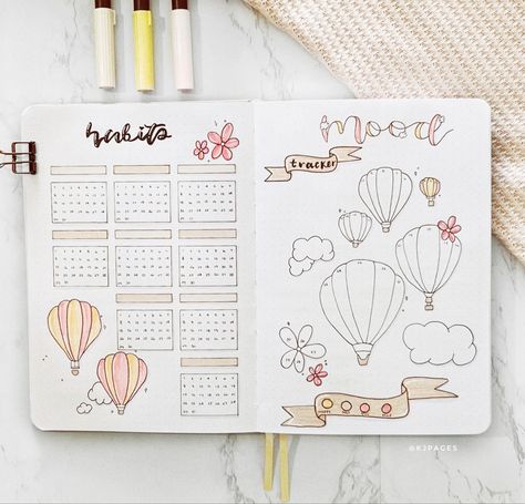 Hot Air Balloon Mood Tracker, Bujo Set Up, Theme Journal Ideas, Hot Air Balloon Doodle, Hot Air Balloon Bullet Journal, Tracker Ideas Bullet Journal, Habit And Mood Tracker, Autumn Bullet Journal, Bujo 2025