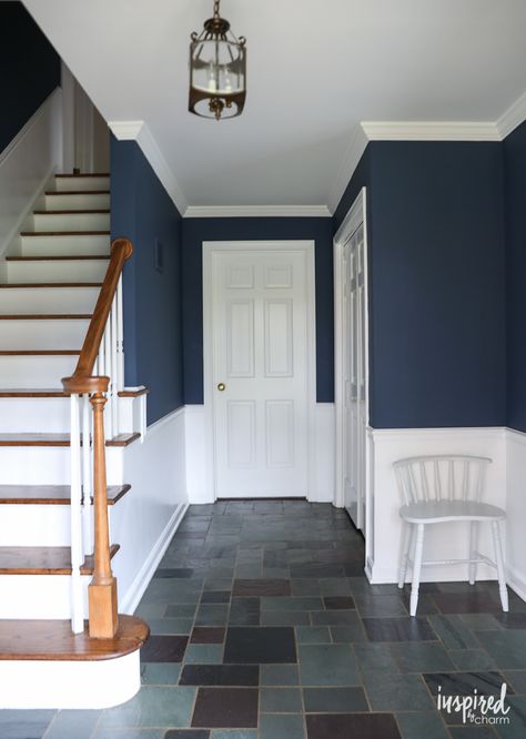 Two Tone Blue Walls, Blue And White Hallway, Farrow And Ball Stiffkey Blue, Painted Entryway, Entryway Color, Blue Hallway, Stiffkey Blue, Hallway Colours, Dark Paint Colors