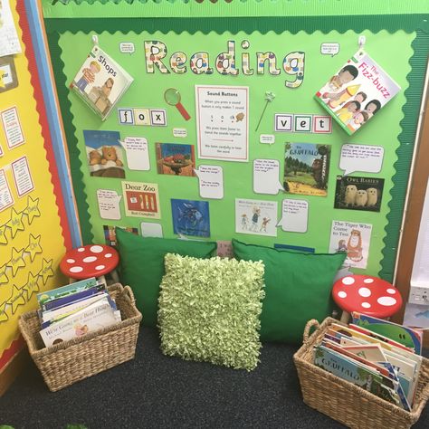 Reading display Reception Reading Corner, Ks1 Reading Area, Reception Book Corner, Year 1 Reading Area, Ks1 Reading Corner, Reading Display Eyfs, Reading Garden Classroom, Reading Area Eyfs, Reading Corner Display