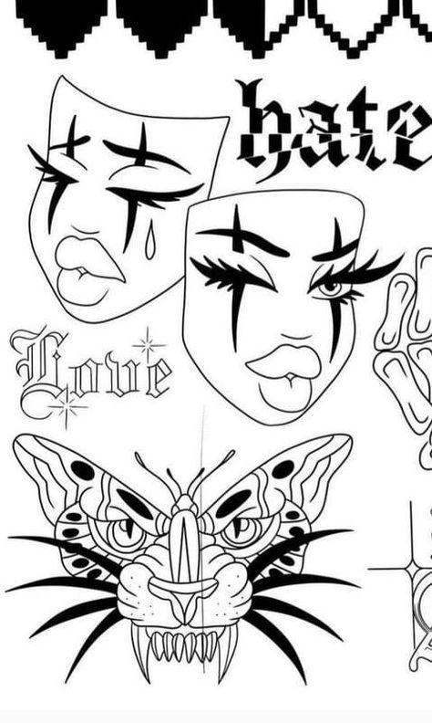 Baddie Tattoo Flash Sheet, Bratz Doll Tattoo Stencil, Bratz Inspired Tattoo, Baddie Tattoo Ideas Female Stencil, Bratz Tattoo Idea, Moving Tattoo Ideas, Patchwork Tattoo Ideas Drawings, Bratz Tattoo Design, Bratz Tattoo