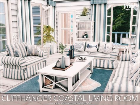 The Sims Resource - Cliffhanger Coastal Living Room Coastal Cc Sims 4, Sims 4 Coastal Cc, Sims 4 Beach House, Coastal Bungalow, Hamptons Living Room, Living Room Sims 4, Hamptons Furniture, Beach House Furniture, The Sims 4 Lots