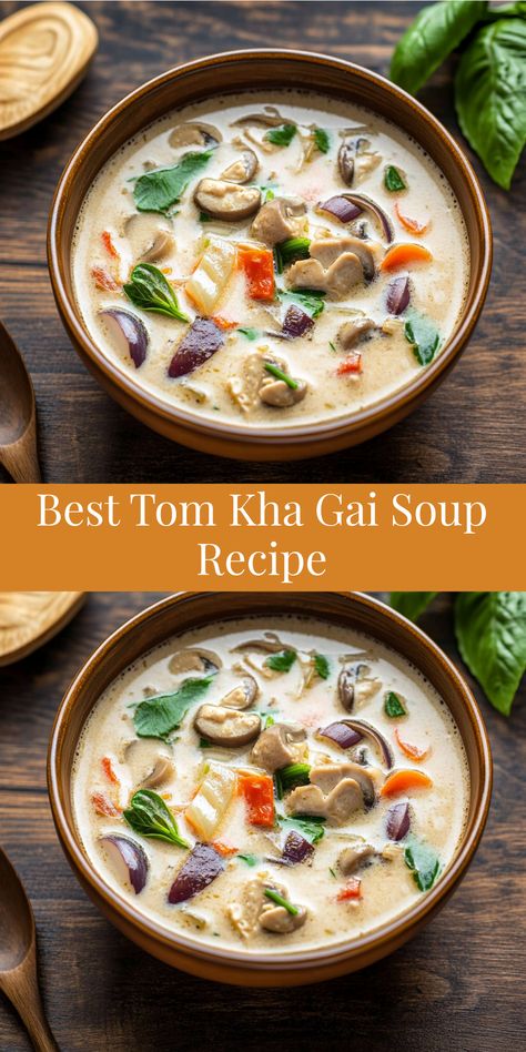 Discover the best Tom Kha Gai soup recipe! A delicious blend of coconut milk, chicken, and Thai herbs for a comforting and flavorful soup. Tom Kha Gha, Tom Ka Kai Soup Thai Chicken, Tom Kha Soup Vegetarian, Thom Ka Soup, Tom Gai Kha Soup, Thom Kha Soup, Coconut Milk Soup Recipes, Coconut Soup Thai, Thai Tom Kha Soup