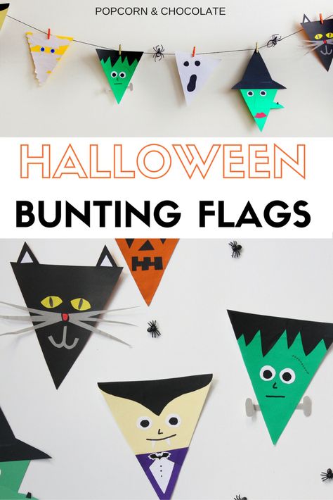 Halloween Bunting Flags | Popcorn & Chocolate Popcorn Chocolate, Decoracion Halloween, Bunting Diy, Flag Diy, Halloween Bunting, Bunting Flag, Halloween Chocolate, Halloween Fonts, Oh My Goodness