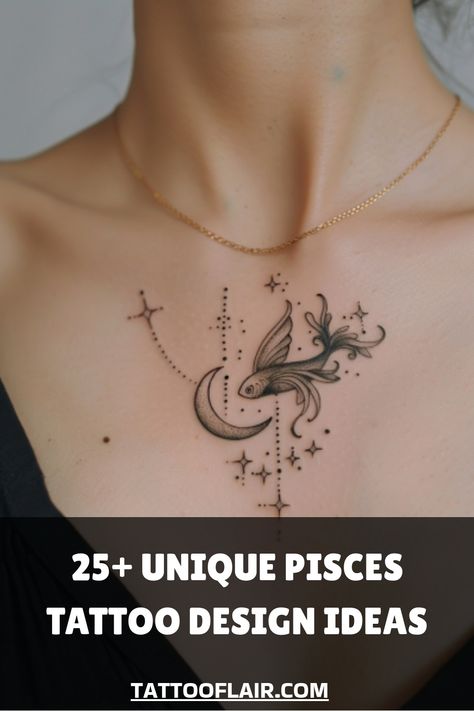 Tattoo of a fish leaping over a crescent moon with stars and dots on a person's chest. Pisces Fish Tattoo Women, Pisces Tattoo Designs For Women, Pisces Tattoo Ideas, Pisces Fish Tattoos, Pisces Tattoo Designs, Pisces Tattoo, Pisces Fish, Pisces Zodiac Sign, Pisces Tattoos