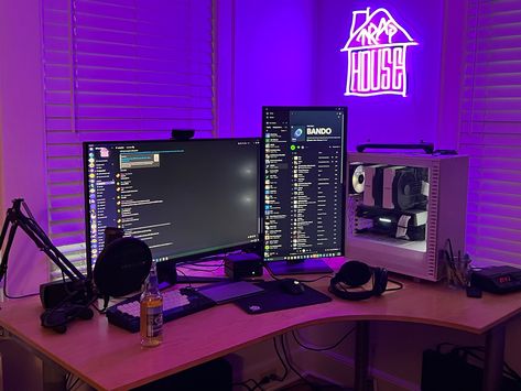 purple and white gaming desk setup with 2 monitors Desk Setup With 2 Monitors, 4 Monitor Setup, 2 Monitors Setup, Pc Setup 2 Monitors, Gaming Setup 2 Monitors, 2 Monitor Gaming Setup, Single Monitor Gaming Setup, Two Monitor Setup, 2 Monitor Setup