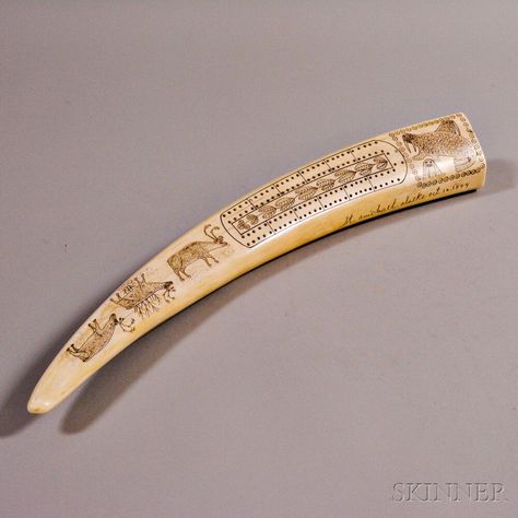 Scrimshaw-decorated Walrus Tusk Cribbage Board | Sale Number 2903T, Lot Number… Walrus Tusks, Cribbage Board, Items For Sale, Gold Bracelet, Auction, For Sale, Gold