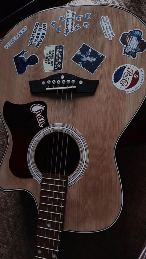 Practicing Guitar Aesthetic, Acoustic Guitar Stickers Ideas, Acoustic Guitar Aesthetic Stickers, Stickers On Guitar Acoustic, Guitar Acoustic Aesthetic, Guitar Stickers Aesthetic, Guitar Stickers Ideas, Aesthetic Acoustic Guitar, Acoustic Guitar Stickers