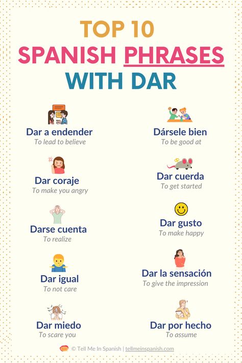 Discover the top 10 everyday Spanish phrases with the verb "dar" in this helpful guide. These essential phrases will boost your ability to speak Spanish confidently in real-life situations. Visit my website for a complete guide on the verb "dar," where we review its conjugation and key uses to enhance your Spanish skills! How To Learn Spanish, Spanish Adverbs, Spanish Vocabulary List, Spanish Tips, Fluent In Spanish, Beginner Spanish Lessons, Teach Yourself Spanish, Conjugation Chart, Spanish Notes