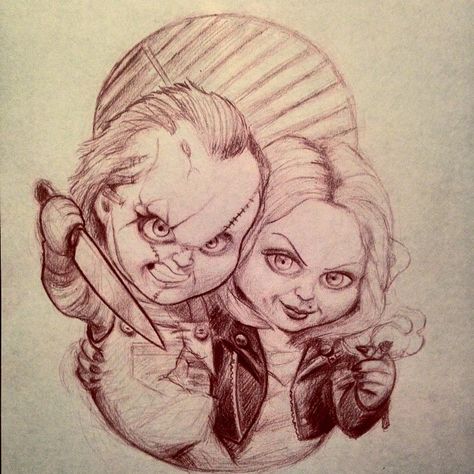 Lil Chucky and Tiffany sketch FOR AN UPCOMING APPOINTMENT. #childsplay #chucky… Chucky And Tiffany Tattoo, Tiffany Tattoo, Chucky Drawing, Chucky And Tiffany, Chucky Tattoo, Horror Drawing, Bride Of Chucky, India Love, Horror Movie Icons