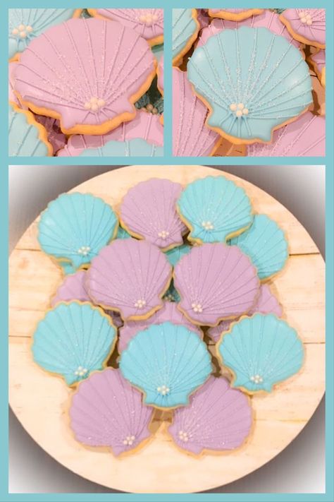 Seashell Sugar Cookies, Seashell Cookies Decorated, Mermaid Themed Cookies, Mermaid Bridal Shower Ideas, Beach Themed Cookies, Seashell Cookies, Simple Bridal Shower Decorations, Mermaid Bridal Showers, Mermaid Cookies