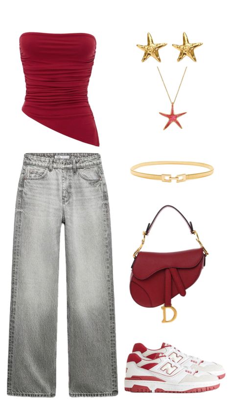 Outfit inspo 9 Red Outfit Collage, Red Going Out Top, Christmas Outfit Jeans, Outfit Navidad, Red Top Outfit, Aesthetic Vintage Outfits, Red Outfits, Outfit Collage, Concert Fits