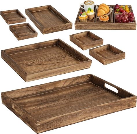 Amazon.com: LotFancy Wooden Serving Trays, 7 Piece Set, Rustic Nesting Food Trays with Handles, Decorative Charcuterie Board Platter for Ottoman, Desktop, Coffee Table, Countertop Centerpiece : Home & Kitchen Wooden Serving Platters, Wooden Trays, Wooden Serving Trays, Food Trays, Wooden Tray, Serving Trays, Charcuterie Board, Serving Tray, Countertops